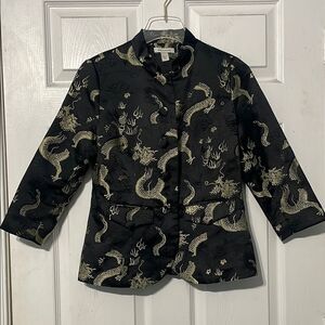 Boston Proper Mandarin Collar Dragon Satin Asian Print 
Button Front Blazer Sz 4
